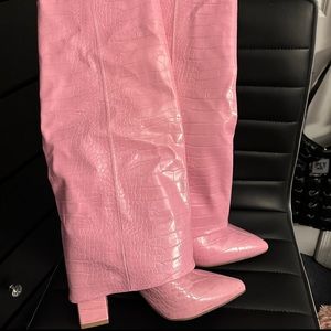 Pink Overlay Crocodile Over the Knee Boots